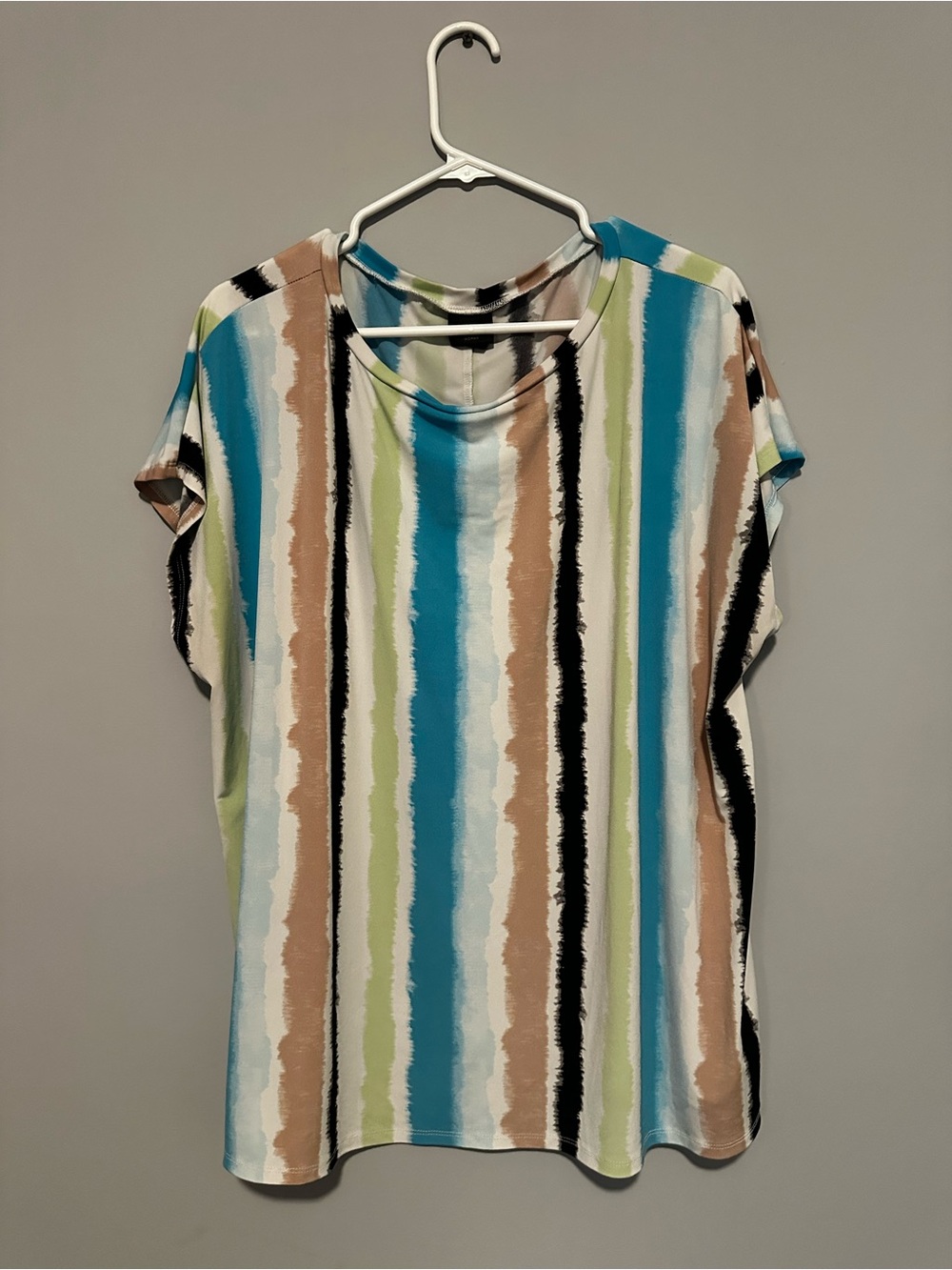Worthington Vertical Striped Short-Sleeve Top in Blue, Tan & Green